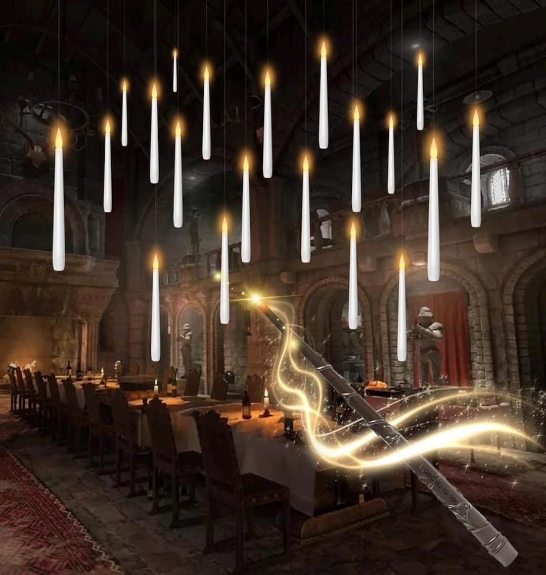 Flameless Floating Candles With Wand，20 Pcs Magic LED Hanging Taper Candles，flickering Battery Operated Taper Candle With Wand Remote