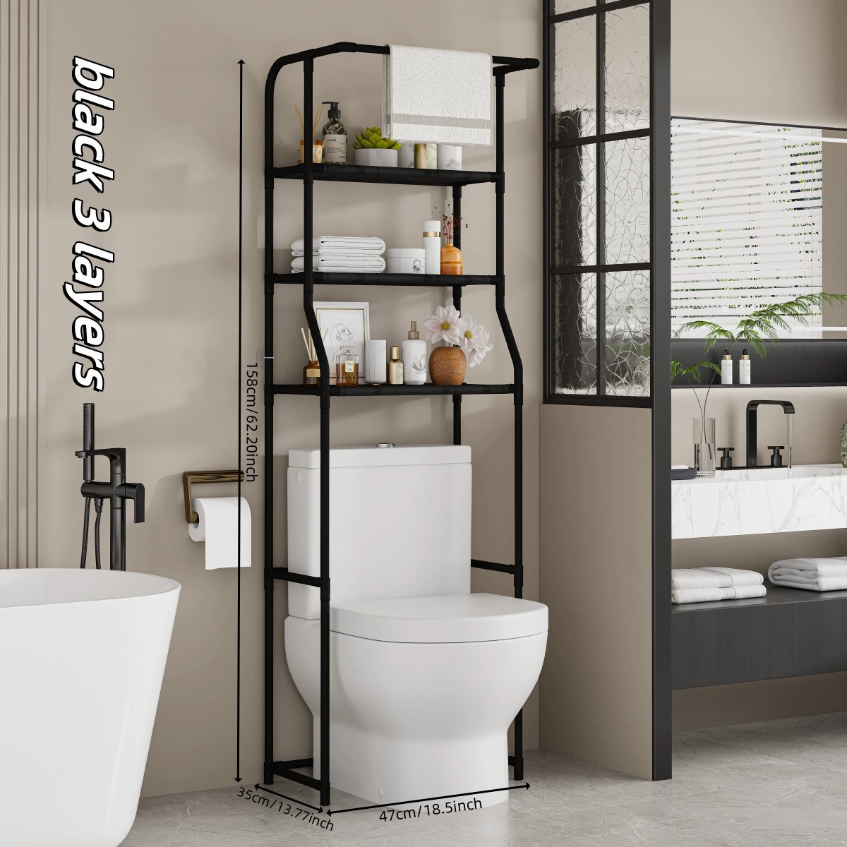 Toilet shelf above toilet with 3 levels