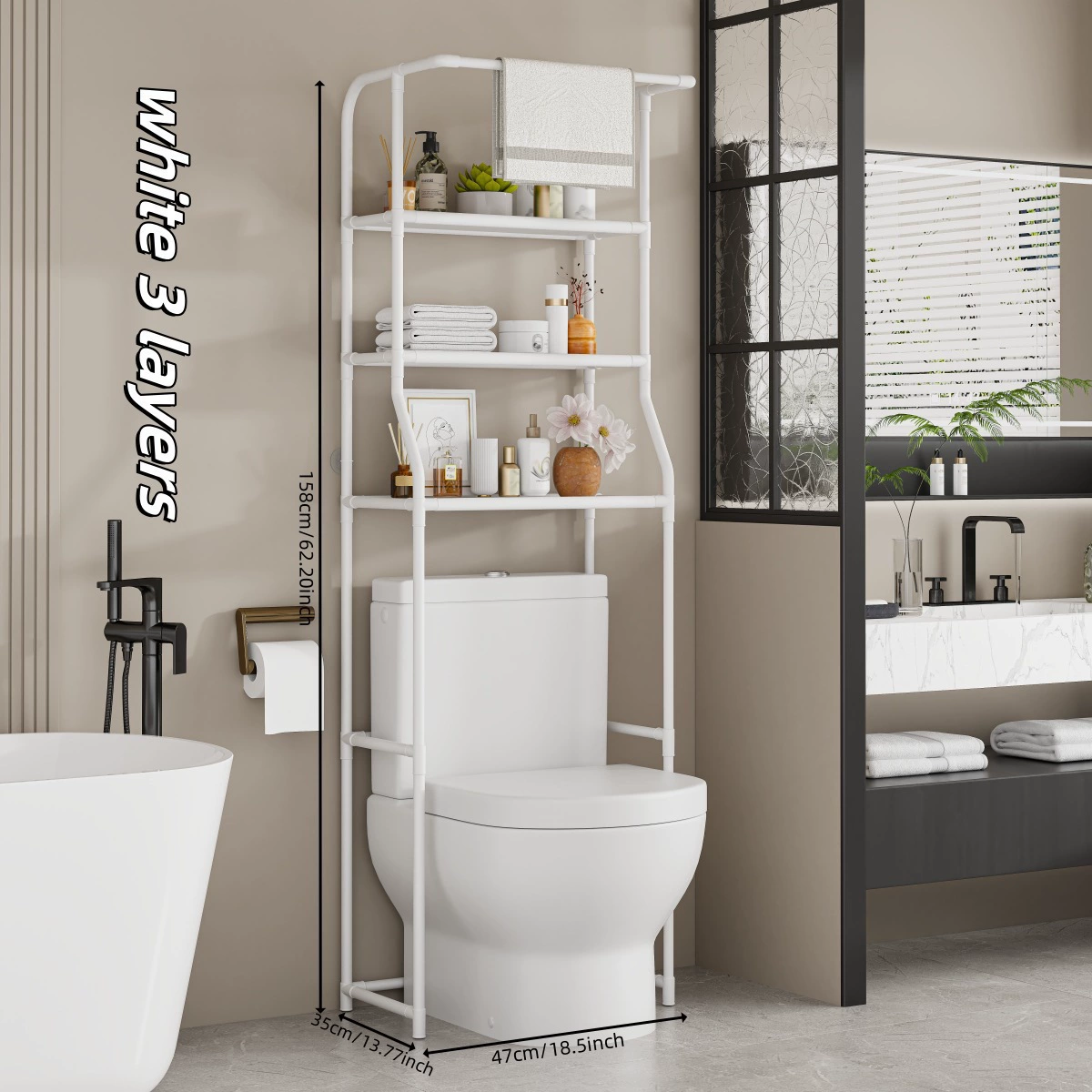 Toilet shelf above toilet with 3 levels