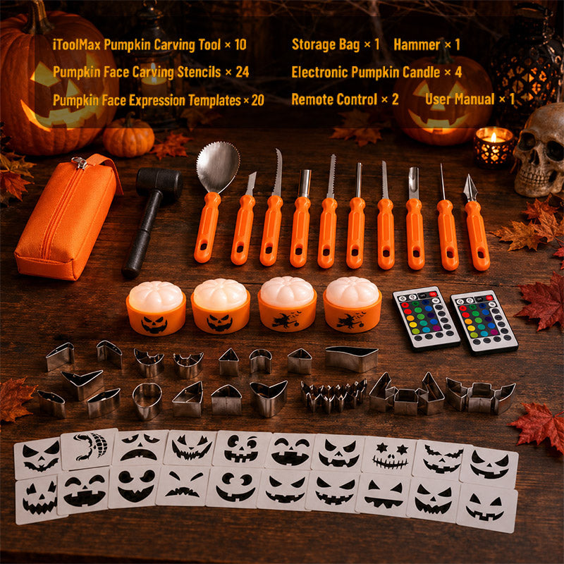 36 Pcs Pumpkin Carving Kit with 4 Candles Lights & 20 Pumpkin Stencils