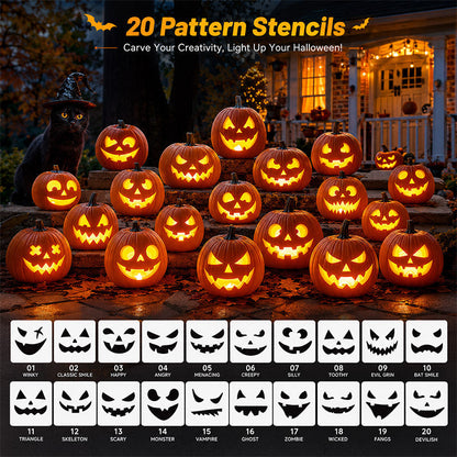 36 Pcs Pumpkin Carving Kit with 4 Candles Lights & 20 Pumpkin Stencils