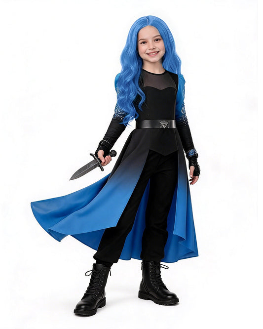 Princess Chloe Costume Blue Gradient Long Sleeve Cape Top Pants Belt and Gloves for Girls Women Dress-up Party