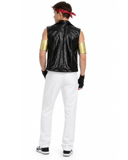 80s Retro Supervillain Costume Dancing Bad Boy Black Vest White Pants 8pcs Suit for Halloween Carnival