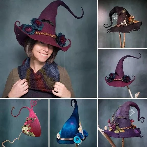 Handcrafted Merino Wool Pointed Costume Hat for Women Adults Halloween Party Cosplay Adjustable Headwear Purple Red Blue Brown | Thomler