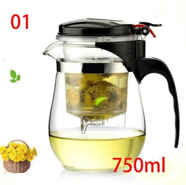 Heat-resistant glass teapot with stainless steel strainer