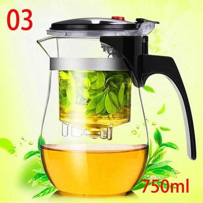 Heat-resistant glass teapot with stainless steel strainer
