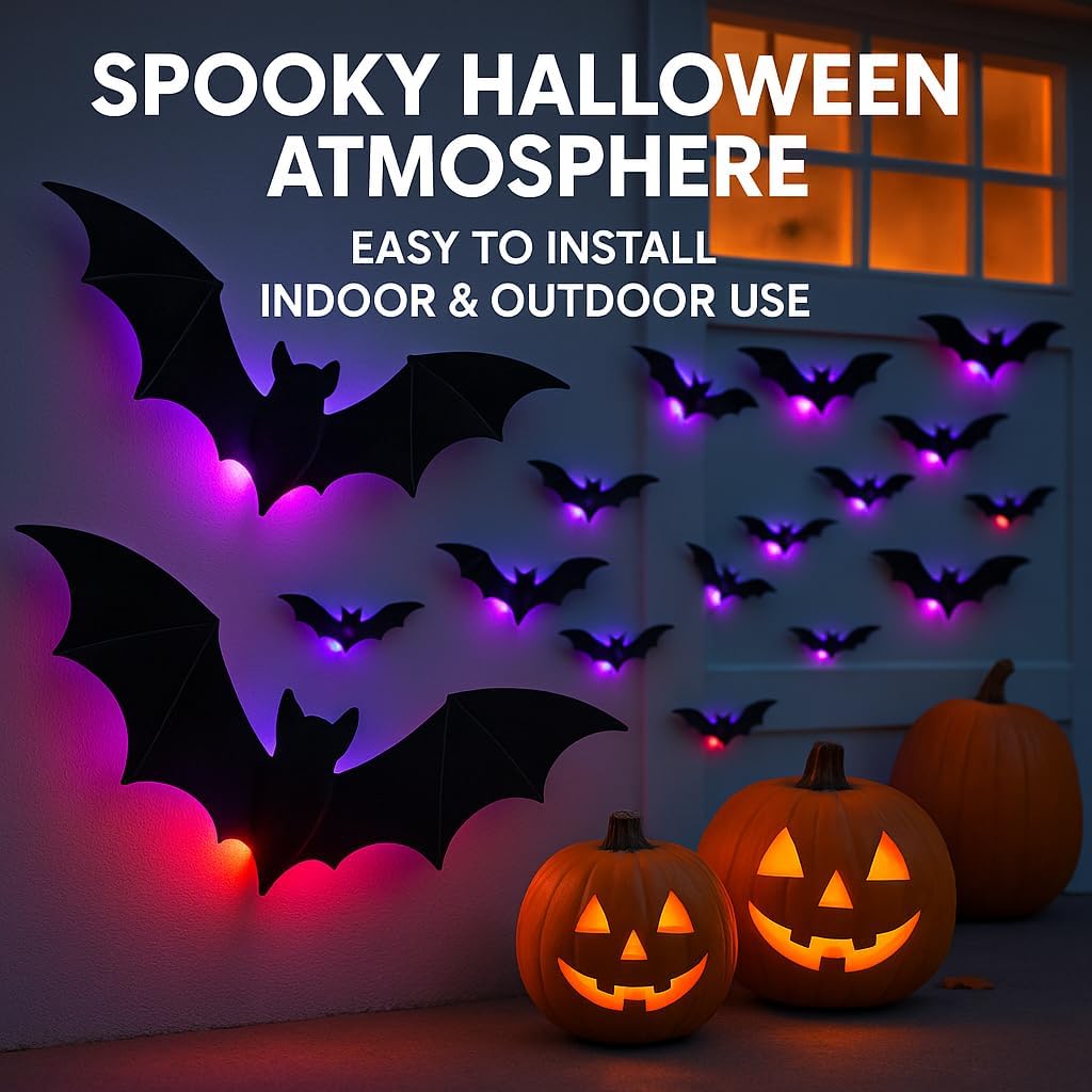 104PCS Halloween 3D Lighted Bats / Spider / Ghost Wall Decors
